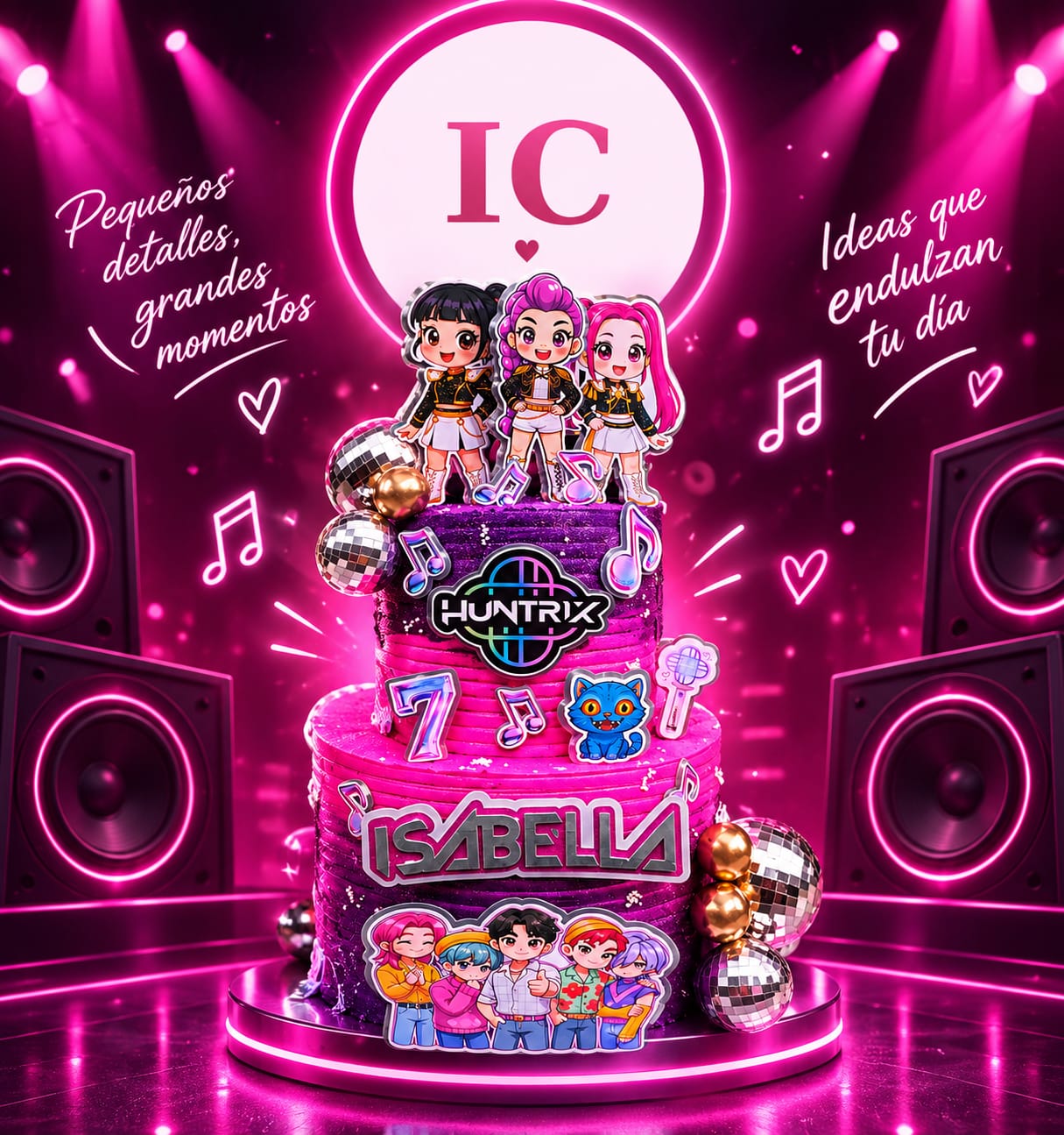 Torta temática Huntrix para Isabella, decorada con luces neón